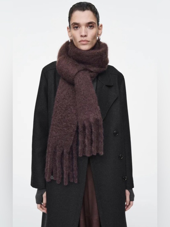 COS Accessories - COS mohair wool fringed brushed scarf burgundy deep plum chunky oversized fuzzy